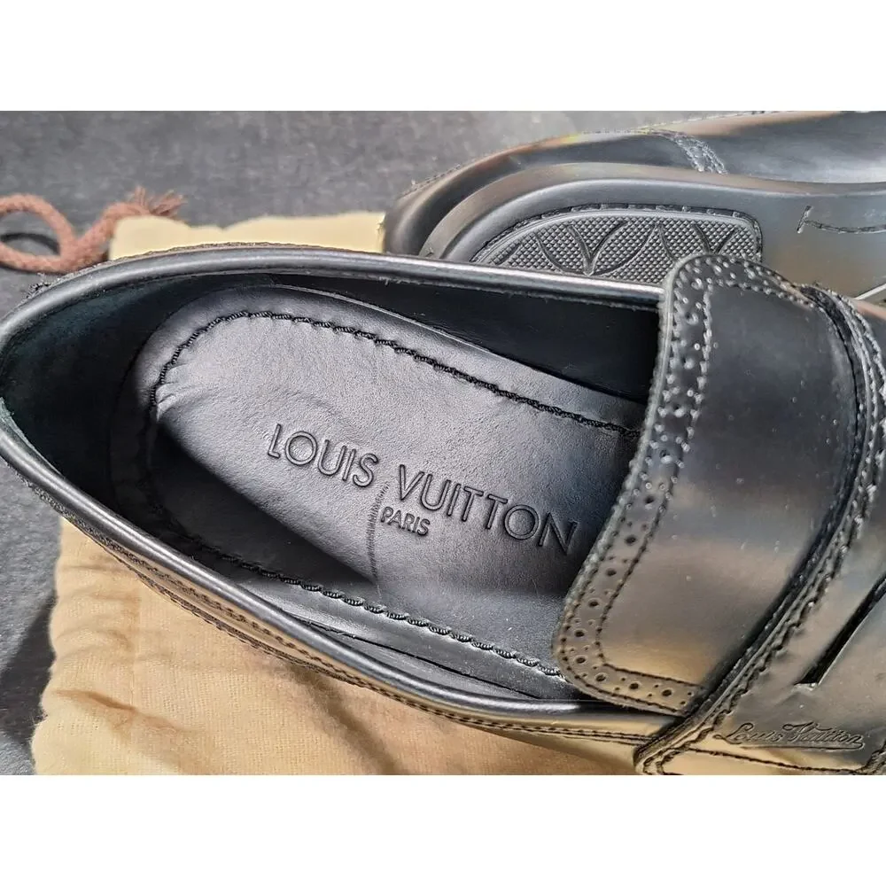 Louis Vuitton Mens Black Leather Coin Penny Loafers FD0048 Size 7.5 Italy CLEAN